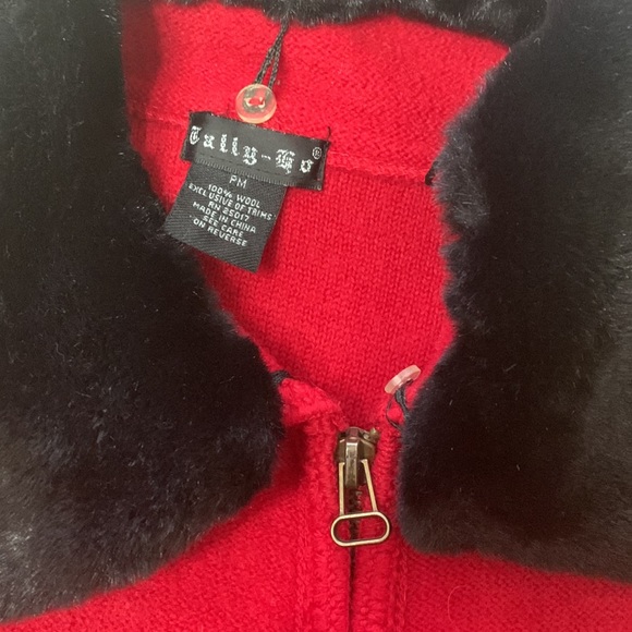 Vintage Tally Ho Vest PM Sleeveless Y2K Wool Red Black Faux Fur Collar Zip Up - Picture 3 of 6